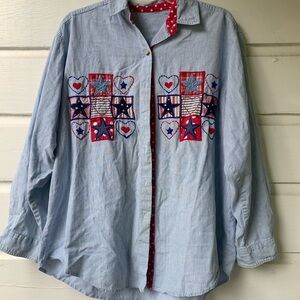 Embroidered Button-Up Shirt with Star and Heart Design XL?